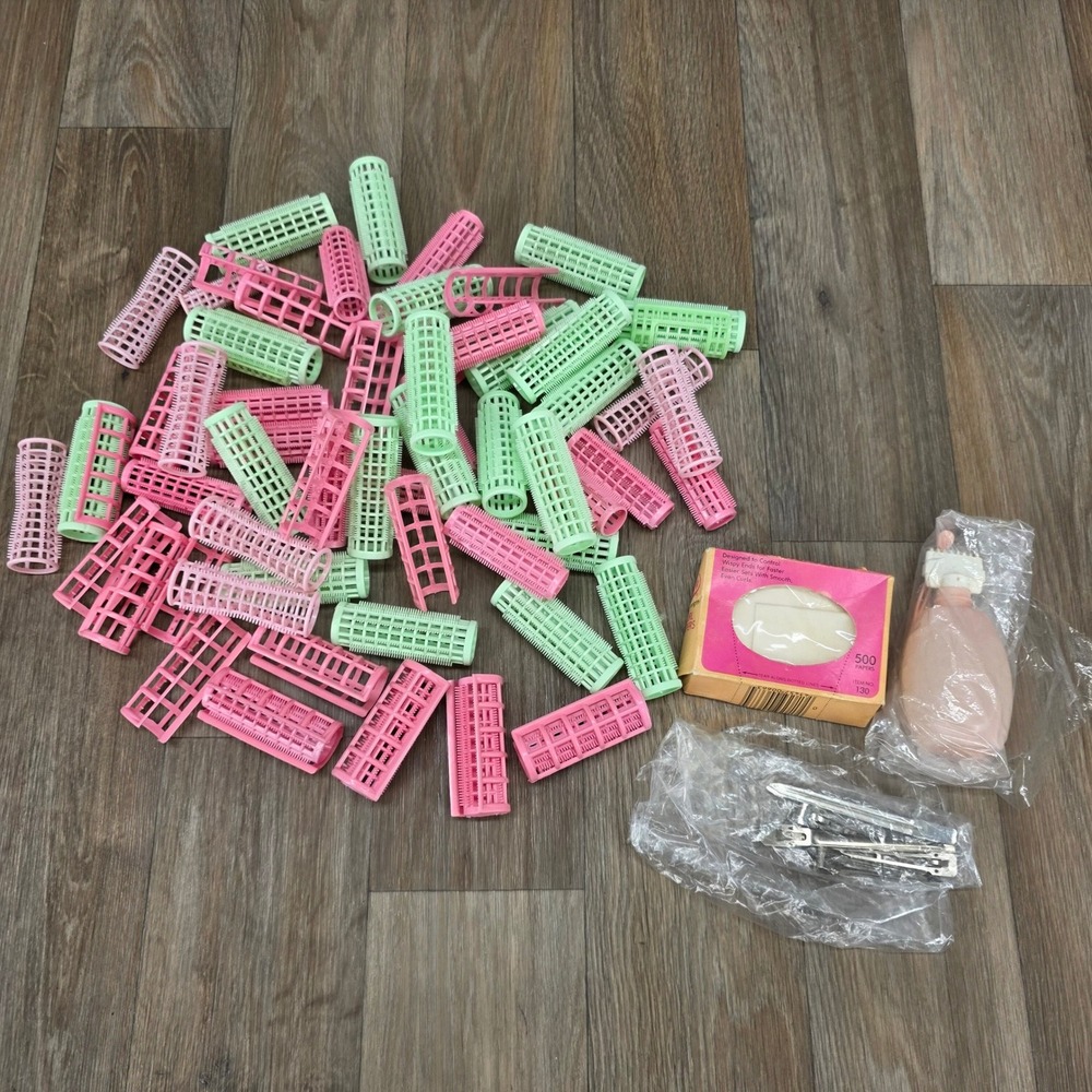 Vintage Hair‎ Rollers Lot Pink Green Goody Curl Papers Clips Retro Salon Set